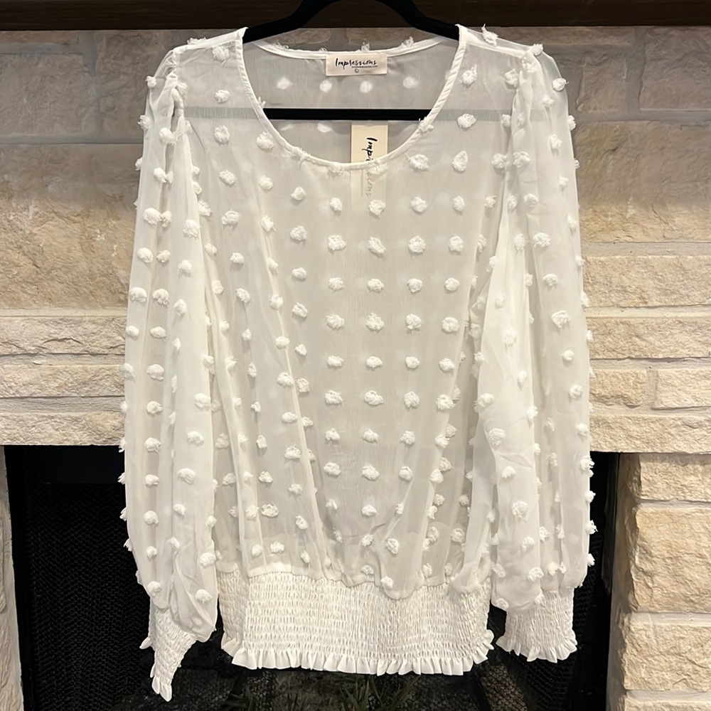 NWOT (Boutique) Sheer White Swiss Dot Top Size Large